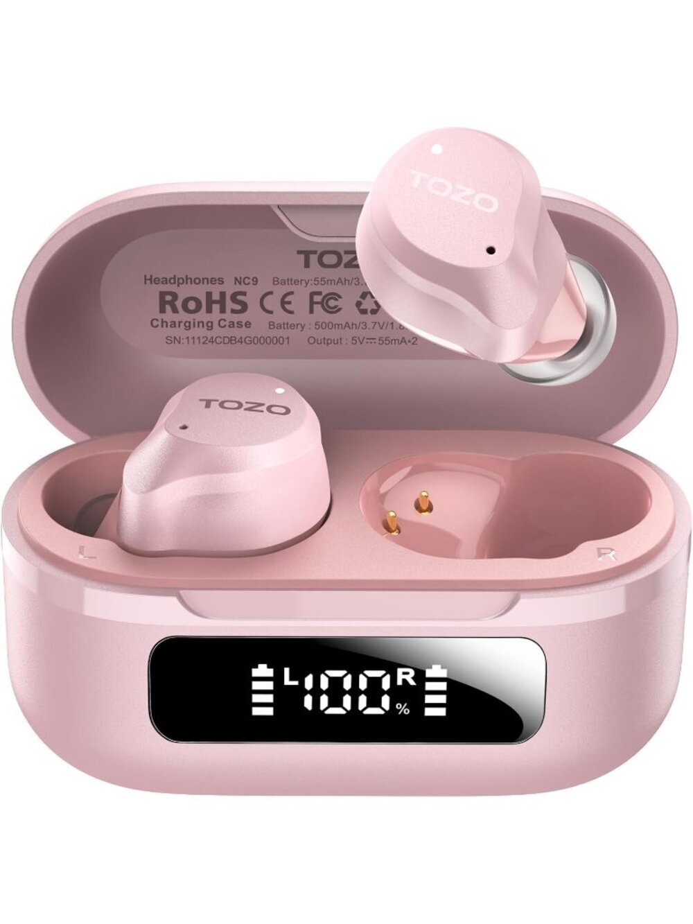 Wireless Pink NC9 Hybrid Active Noise Cancelling Bluetooth Earbuds 60H Playtime